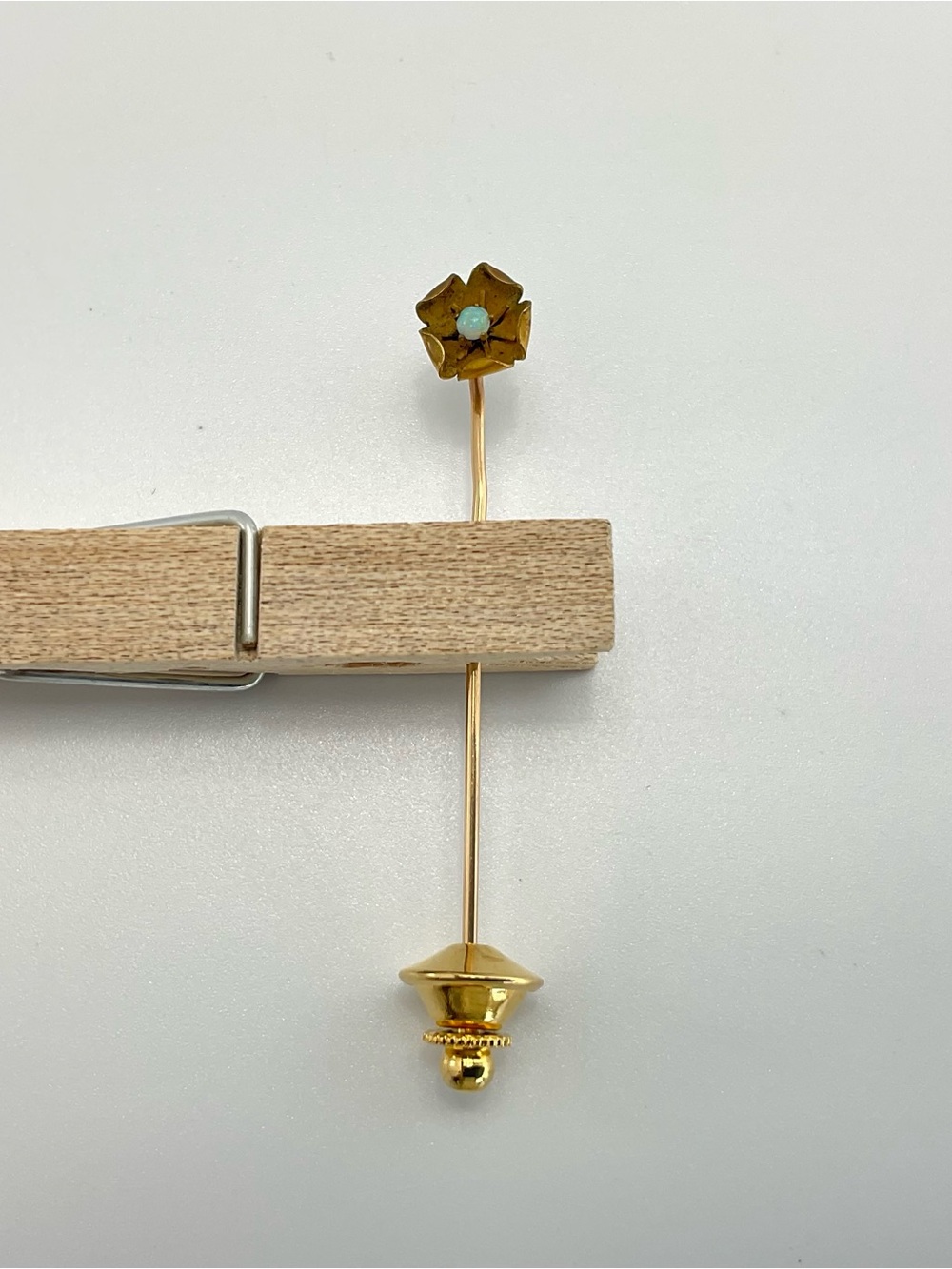 Opal Flower Stick Pin, Vintage to Antique, Art Nouveau, Gold Vermeil - Picture 11 of 11